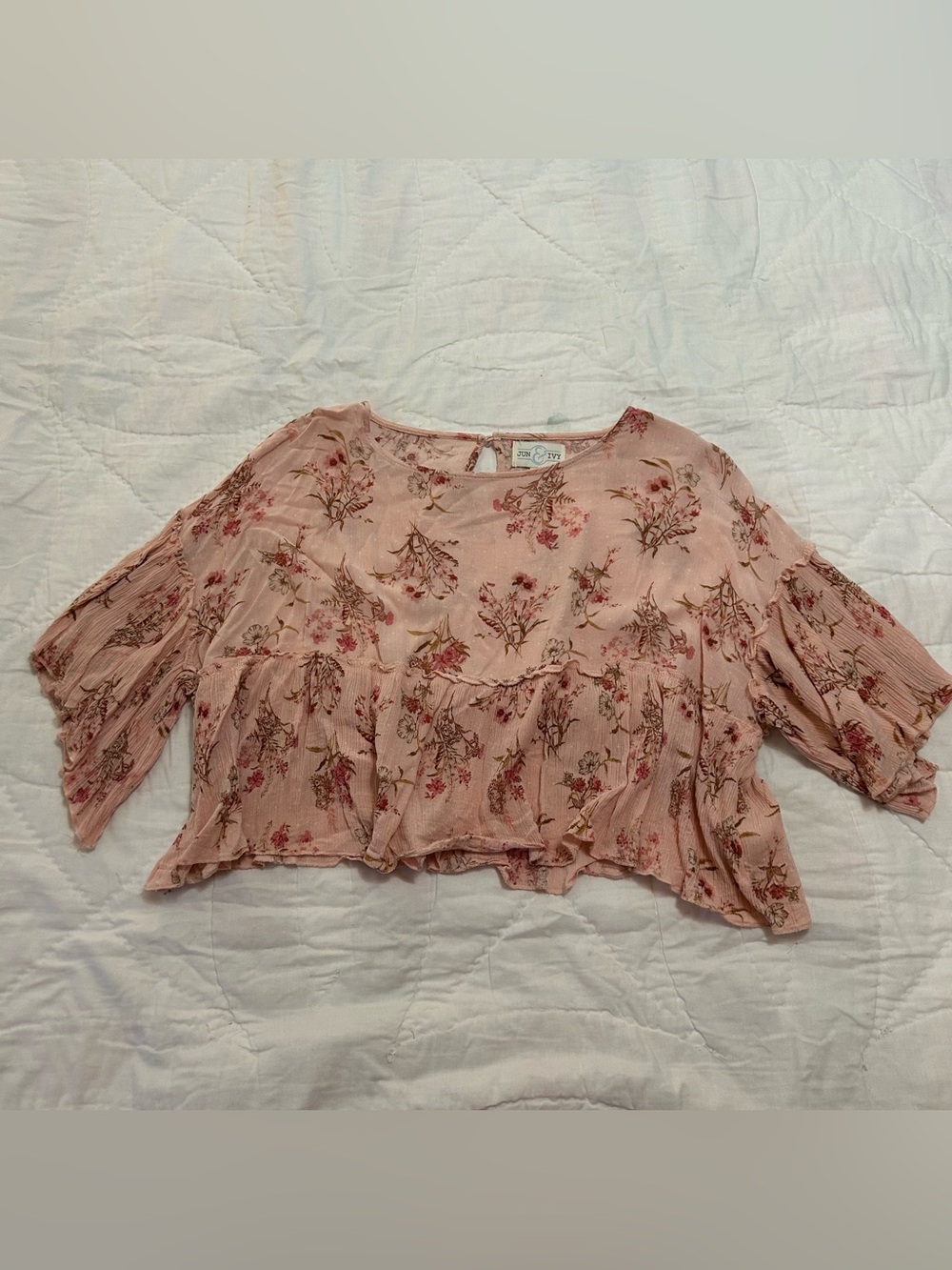 Fairy Boho Cropped Top Peplum Womens S Pink Floral Cottagecore Prairie Summer